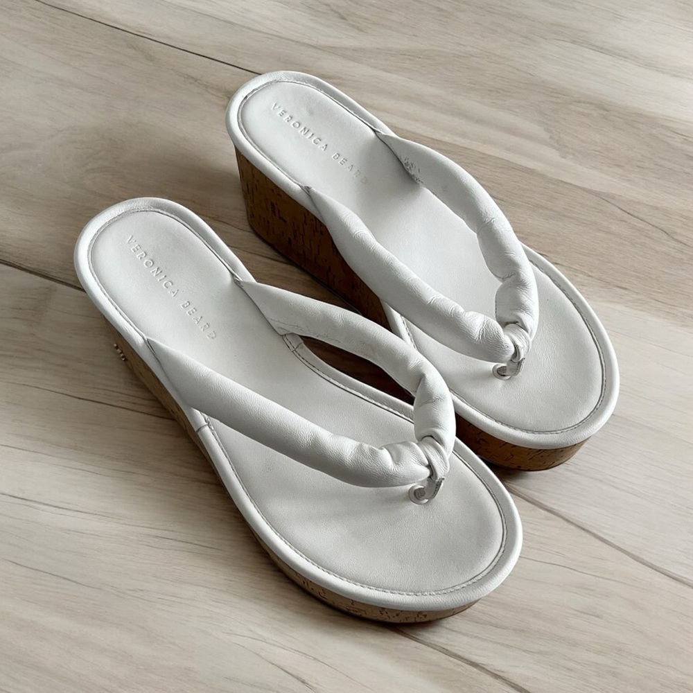 Veronica Beard Geno Cork Wedge Sandals in White  Minimalist Design.